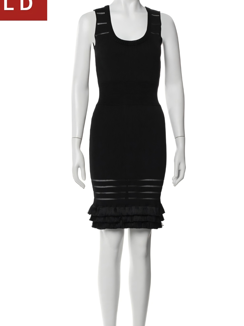 Cut25 by Yigal Azrouel Black Knit Sleeveless Midi Sheath with Tiered Ruffle Hem